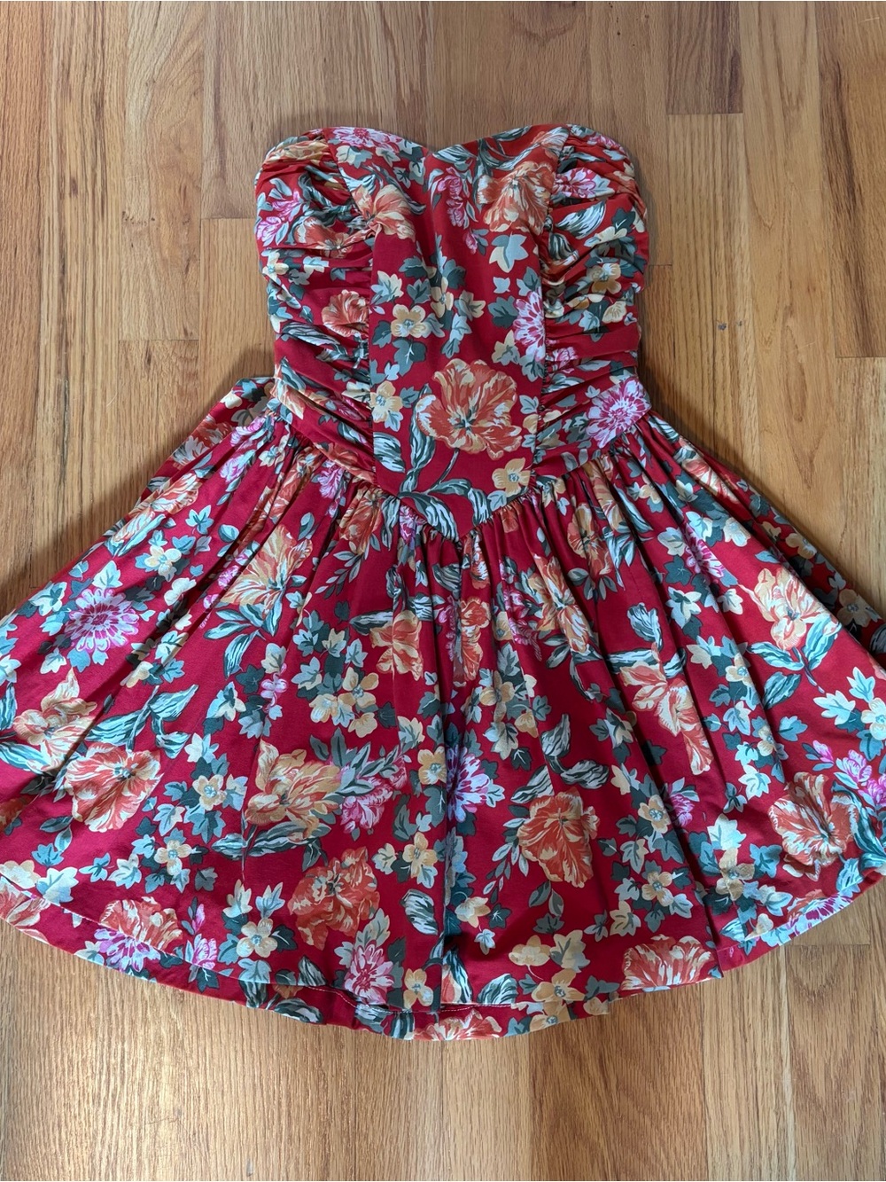 Vintage Laura Ashley women’s Red Floral Strapless Peplum Top/Minidress